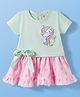 ToffyHouse Single Jersey Knit Half Sleeves Frock With Unicorn & Polka Dots with Knot Detailing - Pink & Sea Green