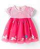 ToffyHouse 100% Cotton Woven Half Sleeves Striped Party Frock with Floral & Bunny Patch - Pink
