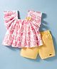 Twetoons Woven Half Frill Sleeves Top & Shorts Set with Floral Print & Bow Applique - Pink & Yellow