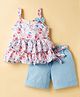 Twetoons Woven Sleeveless Floral Printed Top & Shorts Set with Belt & Bow Applique - Blue