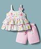 Twetoons Woven Sleeveless Floral Printed Top & Shorts Set with Belt & Bow Applique - Pink