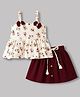 Twetoons Woven Sleeveless Top & Skirt With Floral Print & Bow Applique - Maroon