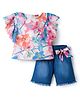 Twetoons Woven Half Flutter Sleeves Top & Shorts Set with Floral Print & Bow Applique - Blue