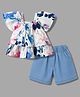 Twetoons Woven Half Sleeves Top & Shorts With Tie-Dye & Bow - Blue