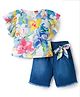 Twetoons Woven Half Flutter Sleeves Top & Shorts Set with Floral Print & Bow Applique - Blue