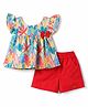 Twetoons Woven Half Sleeves Top & Shorts Set With Floral Print - Red