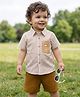 Babyoye 100% Cotton Woven Half Sleeves Striped Shirt & Shorts Set with Bear Print - Brown & White