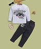 Biskid Cotton Knit Full Sleeves Street Race Text Printed Tee & Pants - Grey
