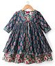 Babyhug Cambric Woven Three Fourth Sleeves Ethnic Dress With Floral Print - Blue