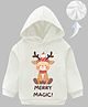 KAVEE Cotton Fleece Knit Christmas Theme Full Sleeves Merry Magic Text Reindeer Printed Light Winter Hooded Sweatshirt - White