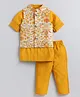 LITTLE COLLARS Cotton Slik Knit Full Sleeves Solid Kurta & Pyjama With Floral Printed & Threadwork Detailed Jacket - Mustard