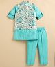 LITTLE COLLARS Cotton Slik Knit Full Sleeves Solid Kurta & Pyjama With Floral Printed & Threadworl Detailed Jacket - Green