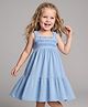 Bonfino 100% Cotton Knit Sleeveless Solid Dress With Smocking Detailing - Blue