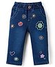Olio Kids Denim Woven Full Length Floral & Hearts Embroidered Jeans - Navy Blue