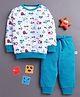 BUMZEE Cotton Knit Full Sleeves Vehicles Printed Night Suit Set - White & Royal Blue