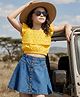 OLLINGTON ST. Cotton Schiffli Sleeveless Top & Stretchable Denim Skirt Set- Yellow & Blue