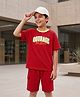 Pine Kids Single Jersey Knit Drop Shoulder Sleeves T-Shirt & Shorts Set With Text Print - Red
