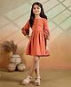 Tiny Twills Linen Woven Three Fourth Puffed Sleeves With Floral Embroidered Dress - Rust Orange