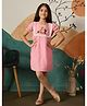 Tiny Twills Cotton Rayon Woven Half Sleeves Dinosaur Embroidered Frill Detailed Dress - Pink
