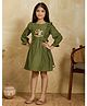 Tiny Twills Linen Woven Three Fourth Sleeves Bunny & House Embroidered Frill Detailed Dress - Green