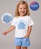 Bonfino 100% Cotton Knit Half Sleeves Oversized T-Shirt & Shorts Set with Sea Shell Applique - White & Blue