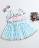 Many frocks & Chanderi Woven Sleeveless Floral Embroidered & Printed Lace Embellished Dress  - Blue & Pink