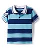 Kookie Kids 100% Cotton Knit Half Sleeves Striped Polo T-Shirt With Tipping & Embroidery Detailing - Light & Navy Blue