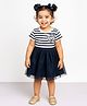 JusCubs Cotton Knit Half Sleeves Striped Floral Applique Detailed Dress - Navy Blue