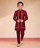 Vastramay Silk Woven Full Sleeves Thread Work Embroidered Sequins & Lace Embellished Sherwani Set With Pant - Maroon