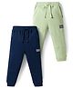 Bonfino 100% Cotton Knit Full Length Solid Colour Joggers with Canvas Badge Pack of 2 - Green & Navy Blue