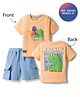 Bonfino 100% Cotton Knit Drop Shoulder Half Sleeves Oversized T-Shirt & Cargo Shorts Set with Front & Back Dino Print - Orange & Light Blue