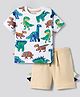 Bonfino 100% Cotton Knit Drop Shoulder Half Sleeves Oversized T-Shirt & Shorts Set With Dino Print & 3D Spikes - White & Beige