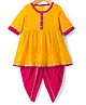 Saka Designs Cotton Woven Half Sleeves Kurti Dhoti Set with Floral Embroidery - Yellow & Dark Pink