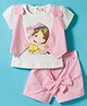 ToffyHouse Cotton Knit Half Sleeves Printed Top & Striped Shorts with Jacket & Bow Applique - Baby Pink