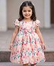 Babyhug Premium Satin Woven Half Puffed Sleeves Party Dress With Floral Print & Bow Applique - Multicolor