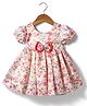 Babyhug Woven Half Puffed Sleeves 5 Layer Party Dress with Floral Print Bow Applique & Cotton Lining - White