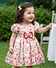 Babyhug Woven Half Puffed Sleeves 5 Layer Party Dress with Floral Print Bow Applique & Cotton Lining - White
