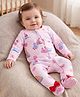 Babyoye Eco Conscious 100% Cotton Knit Full Sleeves Sea Life Printed Footed Sleepsuit with Bow Applique - Pink