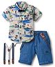 Dapper Dudes Half Sleeves Tropical Theme Printed Shirt & Shorts Set With Suspender & Bow - White