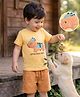 Babyoye 100% Cotton Knit Half Sleeves T-Shirt & Shorts Set with Dino Puppy Print & Embroidery - Brown