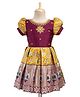 Enfance Half Puffed Sleeves Beads Sequins & Stone Embellished Banarasi Style Printed Floral Embroidered Pleated Pattu Pavdai Knee Length Dress - Wine