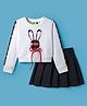 Tiara Fleece Knit Full Sleeves Bunny Patch & Bow Applique Detailed Winter Sweatshirt With Pleated Skirt Set - Red