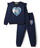 Tiara Cotton Fleece Knit Full Sleeves Reversible Sequins Embellished Heart Applique Detailed Winter Sweatshirt & Jogger Set - Navy Blue