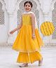 Pine Kids Cotton Woven Sleeveless Halter Neck Embroidered Kurti & Sharara Set With Dupatta & Lace Detailing - Yellow