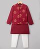 Pine Kids 100% Cotton Woven Full Sleeves Solid Kurta Pyjama Set With Floral Printed Jacket - Maroon