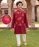 Pine Kids 100% Cotton Woven Full Sleeves Solid Kurta Pyjama Set With Floral Printed Jacket - Maroon