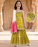 Pine Kids Cotton Woven Sleeveless Floral Printed Kurti & Sharara Set With Dupatta - Olive Green