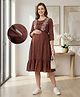 Bella Mama Cotton Woven Three Fourth Sleeves Embroidered Jacket with Solid Color Maternity Dress - Brown