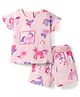 Bonfino 100% Cotton Knit Half Frill Sleeves Co-ords T-Shirt & Shorts Set with Unicorn Print - Peach