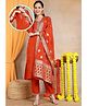 Moms Ever Blended Woven Three Fourth Sleeves Floral Embroidered Maternity Kurti With Side Nursing Access & Pant With Dupatta Set - Rust Orange